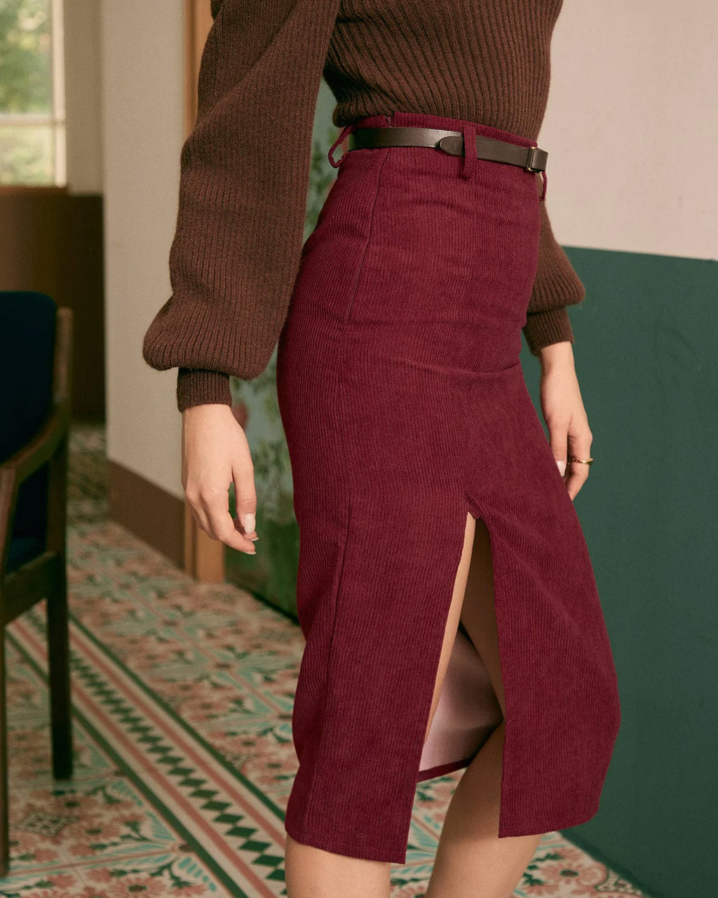 High Waist Slit Midi Skirt by SIENA