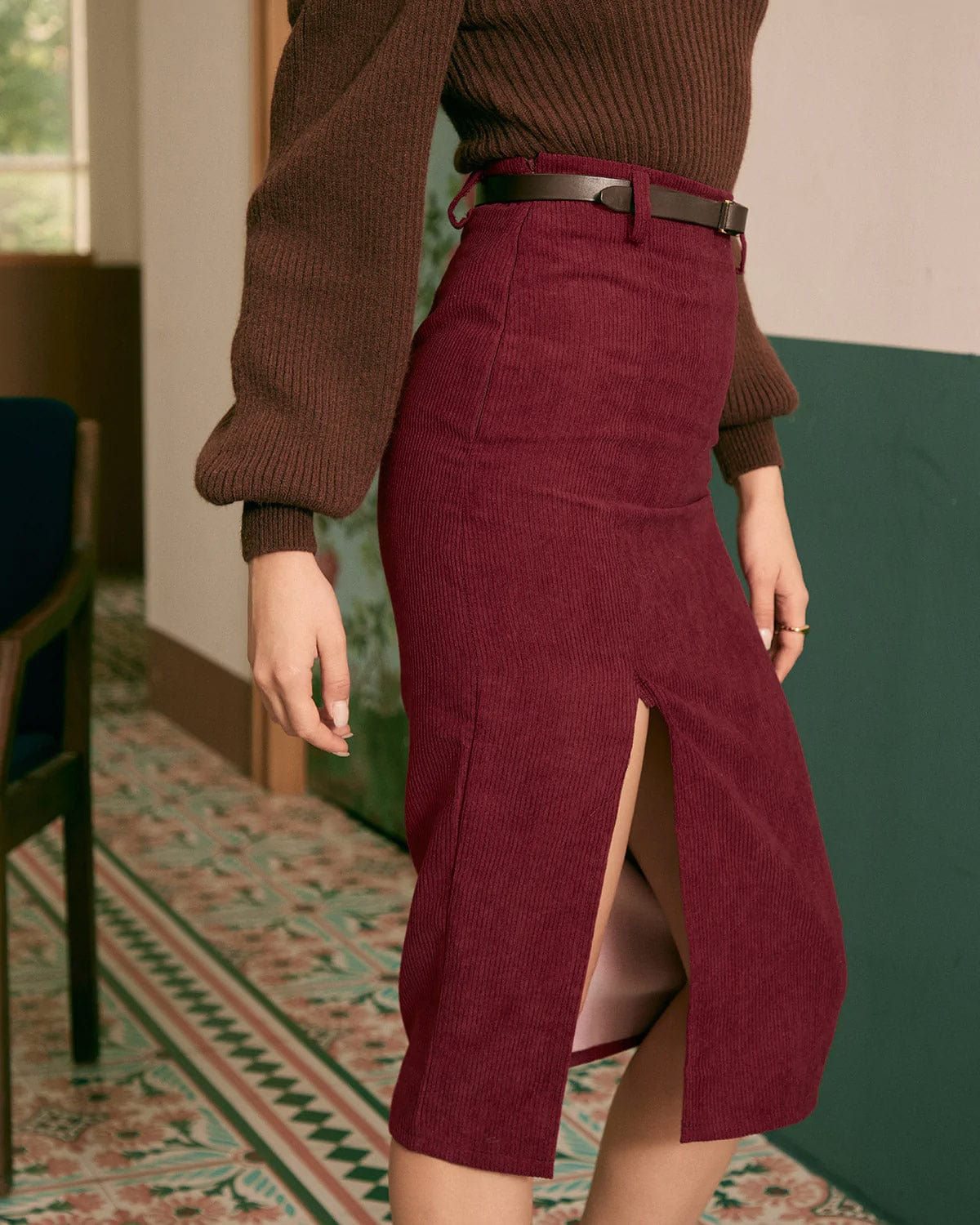 High Waist Slit Midi Skirt by SIENA